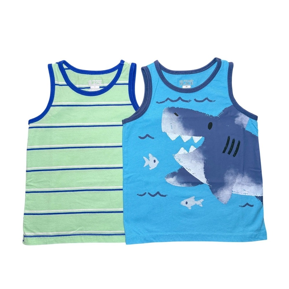 The Childrens Place Boys 3T 2 pack Shark Graphic & Striped Blue Green Tank Top